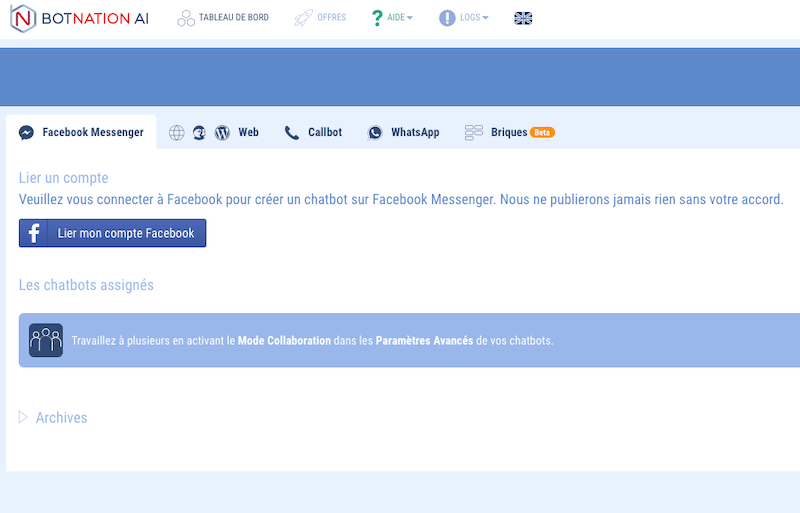 Dashboard Botnation, onglet Facebook Messenger