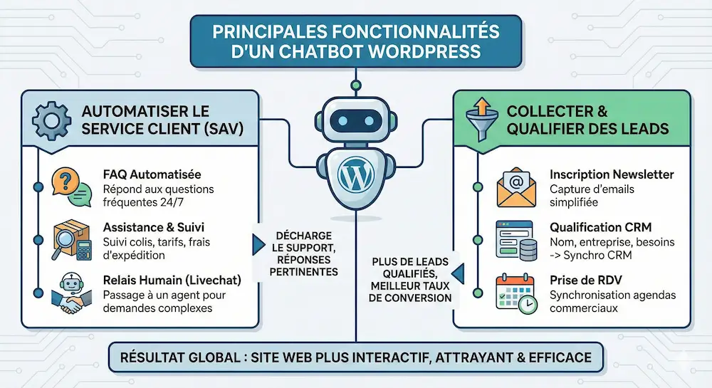 Fonctionnalités chatbot WordPress