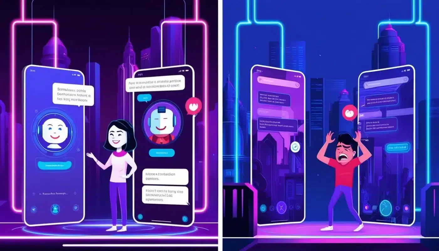 Comparaison entre une expérience utilisateur fluide et une expérience frustrante dans une ambiance fururiste_Créez une illustration divisée en deux parties _ à gauche, un chatbot bien conçu